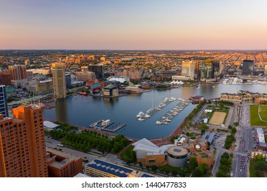 Drone Aerials Of Baltimore MD USA At Dusk