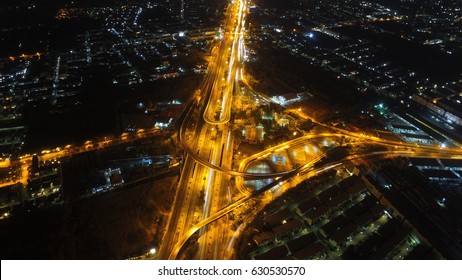 Drone Ariel View Night Cityscape Street And Landmark Highway