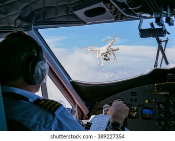 Drone Being Hit By Commercial Airplane. Concept Of Aircraft Accident. Thread Of Collision