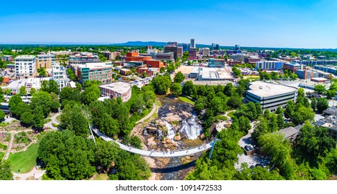 Drone city aerial image of downtown Greenville South Carolina SC - Shutterstock ID 1091472533