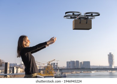 Drone Delivery Package Received By Young Woman