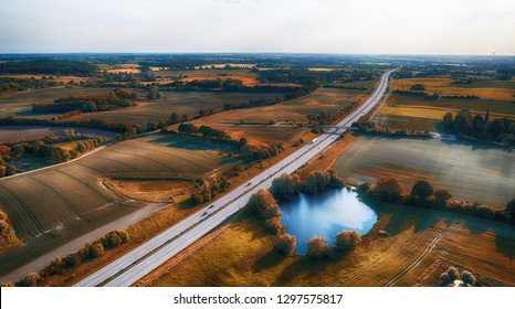 A drone flies over fields