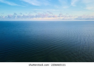 Drone Flight Over Calm Sea Landscape With Cloudy Sky, Baltic Sea Panorama, Aerial View