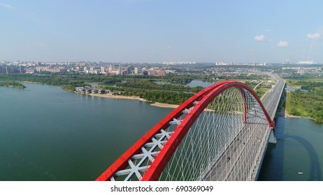 drone flight over the river. cable-stayed bridge.beautiful landscape