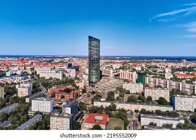 Drone Flight Over Wroclaw Cityscape With Sky Tower Skyscraper. Aerial View Of Modern European City In Poland