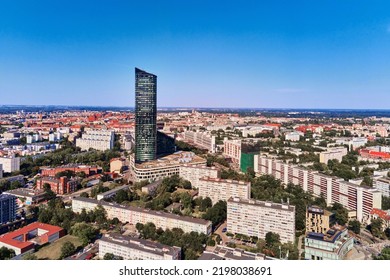 Drone Flight Over Wroclaw Cityscape With Sky Tower Skyscraper. Aerial View Of Modern European City In Poland