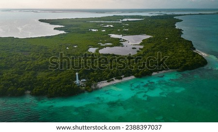 drone fly above natural park biosphere reserve in Tulum Sian Ka'an, Punta Allen lighthouse