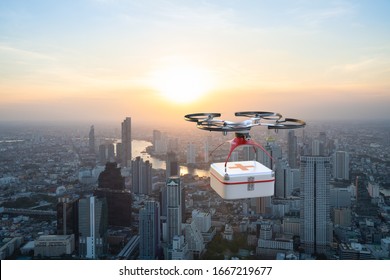 Drone Flying Across City With Carrying First Aid Package To Rescuers, Future Technology 5G Concept