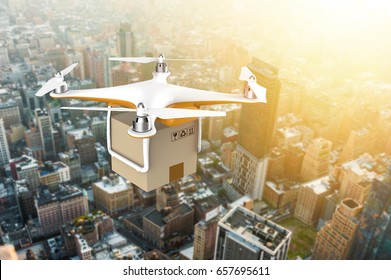 Drone Flying With A Delivery Box Package Over A Sunset City: 3D Rendering