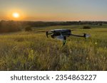 Drone flying in field at sunset. Inspection of a farmer