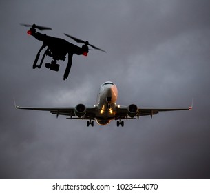 Drone Flying Near Commercial Airplane, Danger Of Collision.