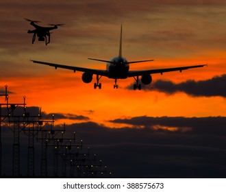 Drone Flying Near Commercial Airplane