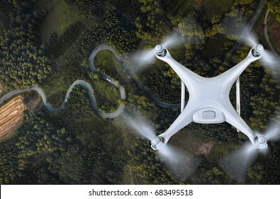Drone flying over landscape.