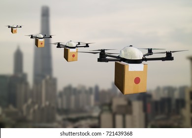 Drone Flying Transportation In Smart City Concept, A Retail/owner Use A Drone(artificial Intelligence Technology Delivery To Send A Tool Kit, Product, Fruit, Vegetable, Etc In The Store,  To Customer