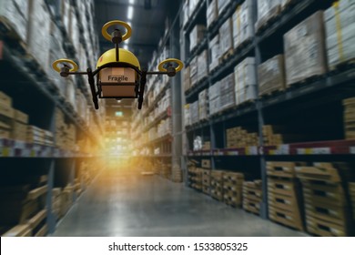 Drone Flying Transportation In Smart Warehouse Concept, A Retail Use A Drone(artificial Intelligence Technology Delivery To Send A Tool Kit, Product, Fruit, Vegetable, Etc In The Store,  To Customer