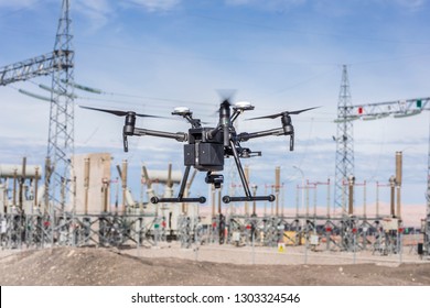 Drone flying and working for ortophoto and thermal analysis of PV Plants with visual and thermal camera. UAV are used for easy aerial inspections of Solar, Wind and Hydro renewable energy resources
