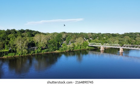 Drone Footage Of A Delaware River River Bank, And Washington Crossing Bridge