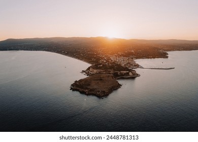 Drone Greece summer goldenhour.Destination greece. greek Island, Koroni, Messinia, Costa Navarino,Voidokilia, Methoni ,Castle, dji