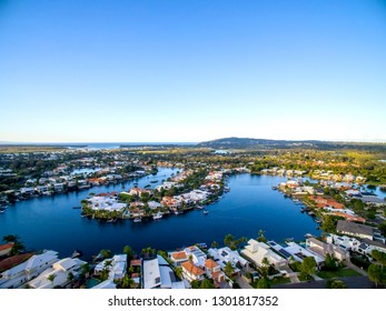 Drone Image Of Beautiful Holiday Destination Noosa In South East Queensland Australia.  Renowned For Its Beautiful Waterways, Hinterlands And  Beaches.