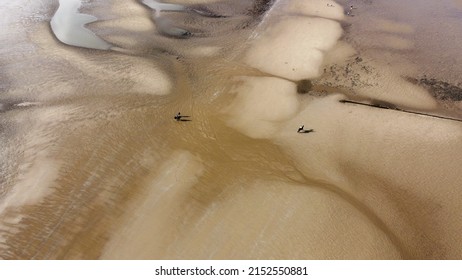 Drone Image Looking Down Onto A Sandy Beach. Taken In Lancashire England. 