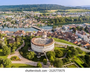 Drone image of Swiss old town Schaffhausen, with the medieval castle Munot. Munot is the landmark of this town.