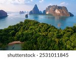 Drone landscape Phang Nga river and national park with mangrove jungle bay. Concept amazing nature landmark of Thailand.