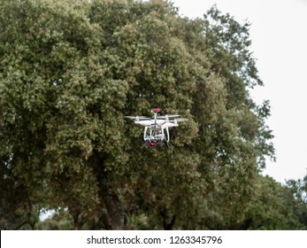 A drone in motion flying in forest in the cloudy sky and trees near