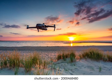 Drone On The Beautiful Beach Of Baltic Sea At Sunset. Poland