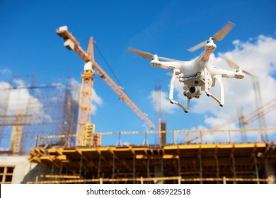 Drone Over Construction Site. Video Surveillance Or Industrial Inspection