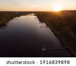 A drone overview of the Parker River in Newbury, MA at sunset.