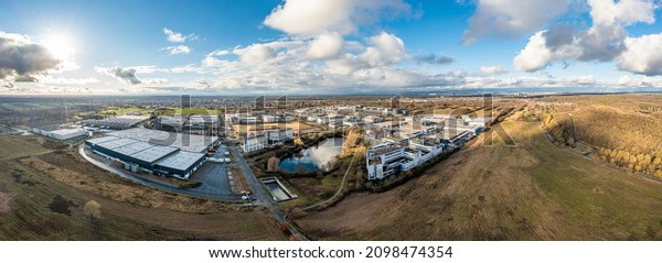 Drone panorama of the industrial\
area in Moerfelden near Frankfurt airport during the\
day