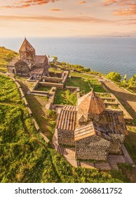 Drone panorama of Sevanavank Monastery and chapel overlooking famous Sevan lake at sunny spring day. Travel and tourist destinations of Armenia