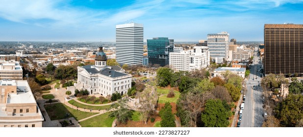 Drone panorama of the South Carolina Statehouse and Columbia skyline on a sunny morning. Columbia is the capital of the U.S. state of South Carolina and serves as the county seat of Richland County - Shutterstock ID 2273827227