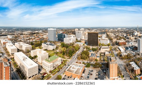 Drone panorama of the South Carolina Statehouse and Columbia skyline on a sunny morning. Columbia is the capital of the U.S. state of South Carolina and serves as the county seat of Richland County - Shutterstock ID 2286152361