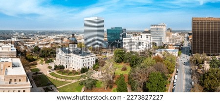 Drone panorama of the South Carolina Statehouse and Columbia skyline on a sunny morning. Columbia is the capital of the U.S. state of South Carolina and serves as the county seat of Richland County