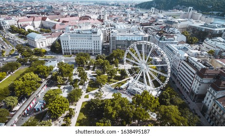 Drone Panoramic Skyline View Of Deák Ferenc Square With Ferris Wheel.