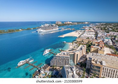 The drone panoramic view downtown district Nassau city   Paradise Island  Bahamas 