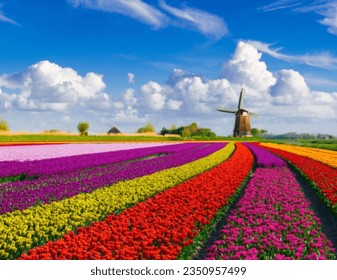 Drone photo of a beautiful flower landscape with tulips in the Dutch spring. The contrasting colors will make you happy.Super beautiful scenery.