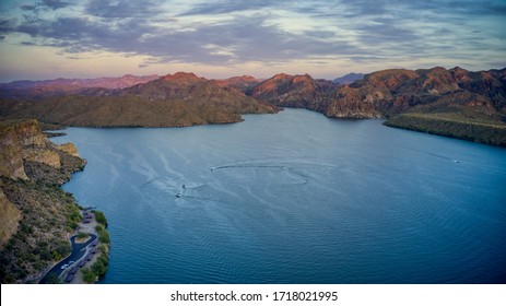 Drone Photo Captured At Saguaro Lake In Mesa, AZ During Sunset.