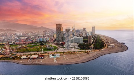 Drone Photo Of Coast Batumi Adjara City At Pink Sunset