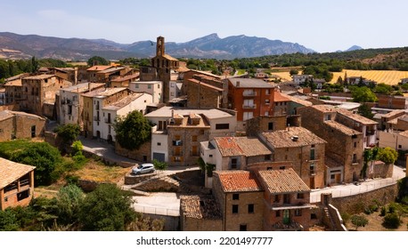 Drone Photo Of Figuerola D'Orcau, Small Town In Comarca Of The Pallars Jussa, Catalonia, Spain.