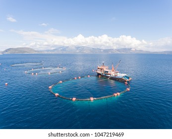 Drone photo of a fishing boat in an open sea fish farm