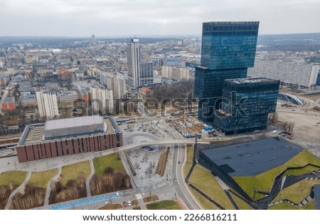 Drone photo of katowice city center Katowice Strefa Kultury Culture Zone Winter 2023 Silesian museum NOSPR Spodek