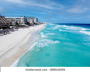 Drone Photo Playa Ballenas, Cancun, Quintana Roo, Mexico. Only The Caribbean Blue Sea And White Sandy Beaches Can Be Seen