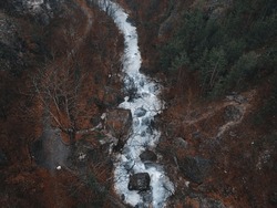 Drone Photo Of A River On A Mountain Trail Autumn Colours Moody Greece