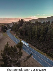 Drone Photo Of Road And Forest With Truck Driving Past- Aerial Photography - New Zealand