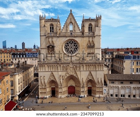 drone photo Saint-Jean-Baptiste cathedral, Cathédrale Saint-Jean-Baptiste Lyon France europe