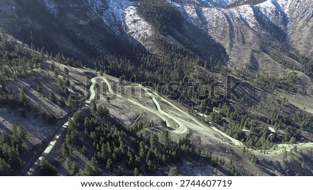 drone photo of the switchbacks in the road between the Snake and Salmon Rivers between Whitebird ID and Pittsburg Landing at the mouth of Hell's Canyon