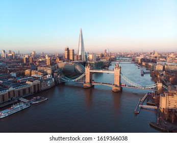 Drone photo Thames river London with Tower Bridge and Shard during Sunsire - Powered by Shutterstock