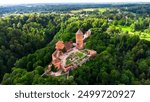 Drone photo of Turaida castle, an imposing castle among the greenery in Sigulda, Latvia.